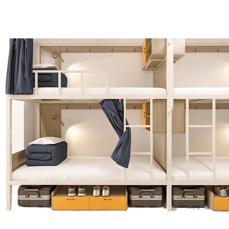 最新デザインロフトホテル木製パネル引き出しホステルカーテンメタル二段ベッドアパートホームステイスクール2階建てeスポーツベッド
