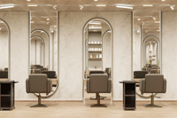Mobilier de salon de coiffure BRUTALIST sur mesure en 3D pour salons de coiffure professionnels avec bois massif et éclairage LED