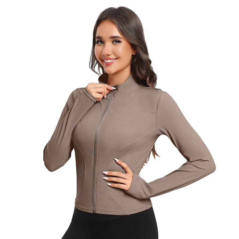 Zippered Stand-up Collar Fall/winter Slim-fit Sun-protective Coat Fitted Sports Top Yoga Wear Front logo Nylon Spandex