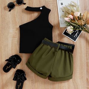 6个月-4岁女婴夏季儿童上衣 + 短裤服装精品实心罗纹针织单肩腰部套装 - Product Image 6