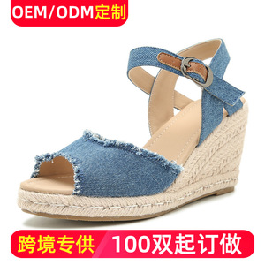 Sandales compensées à bout ouvert en jean avec semelle en paille et fermeture à boucle – Chaussures d'été respirantes pour femme - Product Image 5