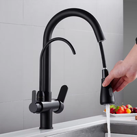 Robinet de cuisine moderne 3-en-1 à double poignée avec douchette extractible, thermostatique, 3 voies eau chaude/froide, cartouche céramique, finition laiton
