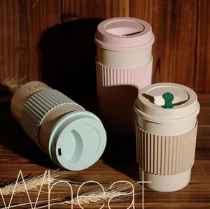 Gobelet écologique, tasse de voyage réutilisable, gobelet avec couvercle, portable, paille de blé, tasse à café, tasse à thé avec poignée en silicone - Product Image 2