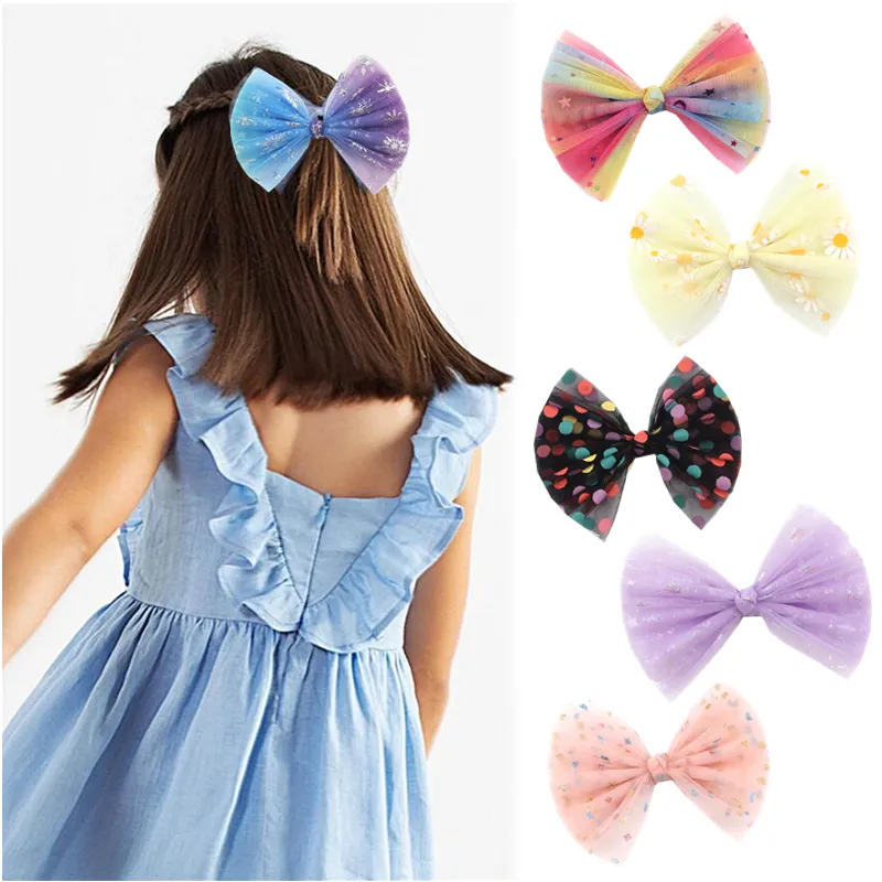 Cute Sweet Princess Hair Accessories Colorful 5 inches Mesh Bow Hair Clip Beautiful Glitter Lace Bow Hairpins For Girls