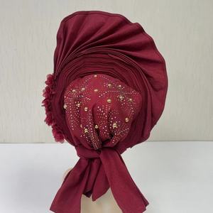 MH-1190 2024 Luxe pour femmes, <span class=keywords><strong>Aso</strong></span> Oke nigérian déjà confectionné, uni, avec strass, turban musulman africain, réglable, foulard pour femmes - Product Image 6
