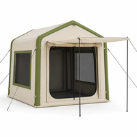 Tente cabane gonflable d'été 2x2m avec auvent, fenêtres en maille sur 3 côtés, tissu Oxford 300D blanc cassé avec garnitures vertes