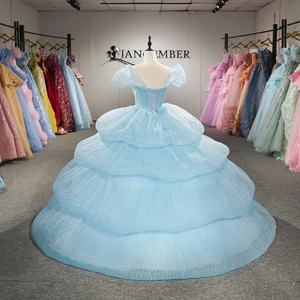 Vestido de Noche Largo de Gasa Azul Cielo con Hombros Descubiertos, Estilo Princesa, con Volantes y Escote Corazón, Elegante - Product Image 3