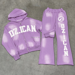 À la mode brodé lourd survêtement survêtement coton français Terryacid lavage fermeture éclair à capuche et jambe large pantalon de survêtement ensemble - Product Image 3
