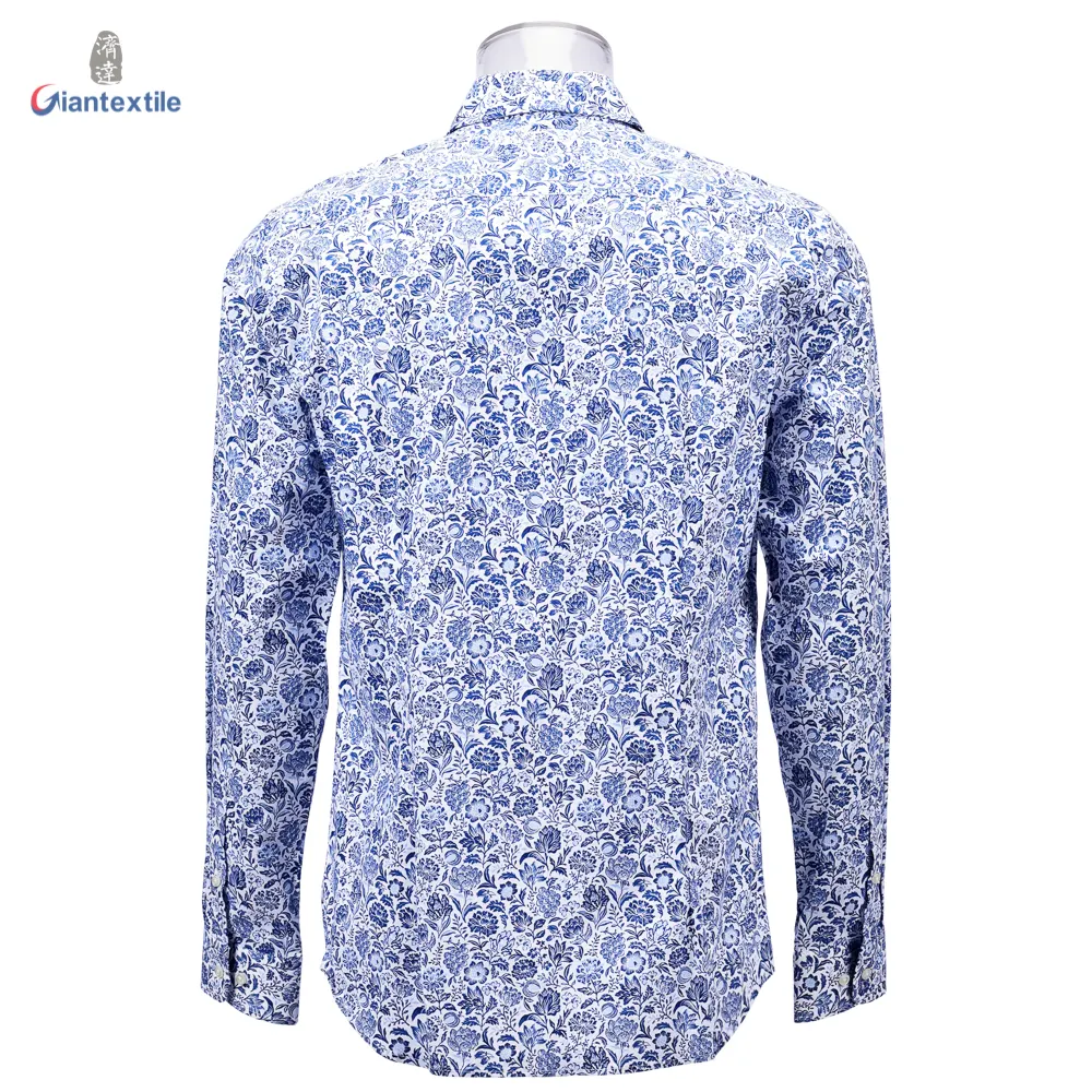 Chemise manches longues pour hommes, élastique, bleu, imprimé Floral, normale