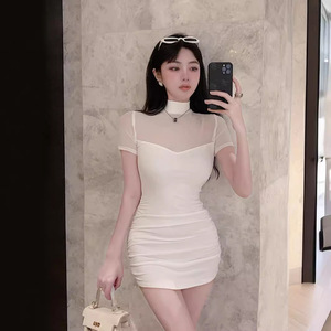 Petite Women's Bodycon Dress High Neck Short Sleeve Solid Color Mesh Panelled Fitted Waist Cinching Evening Dress - Product Image 4