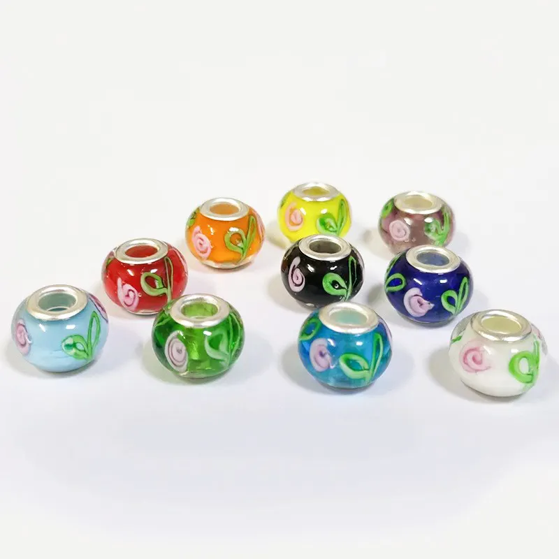 Lampwork Foil perak lubang besar perhiasan DIY manik longgar kaca 12mm dengan manik-manik bunga dalam kaca warna campuran