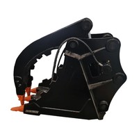 Godet grappin hydraulique pour excavatrice, style pouce, à mâchoires crantées, dents orange, pour la manutention de débris, de grumes et de roches, noir
