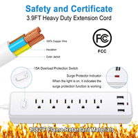 Rallonges électriques, multiprises industrielles américaines 10A 2000W avec 5 prises, 3 ports USB (5V 2.4A), protection contre les surtensions