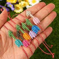 Gelang Rajut Bohemia Buatan Tangan dengan Bordir Tulip Merah, Tali Macrame, Dapat Disesuaikan, Perhiasan Keberuntungan untuk Wanita