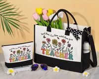 Ensemble cadeau personnalisé pour professeur, sac fourre-tout en toile coloré réutilisable avec des trousses de toilette unisexes, personnalisé pour lui ou pour elle