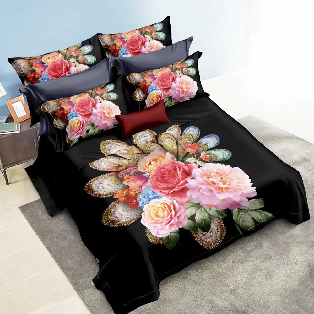 Stampa digitale 3D 100% poliestere Set biancheria da letto in quattro pezzi Set copripiumino rosa floreale lenzuola Set lenzuola all'ingrosso