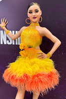 Robe de danse latine Vennystyle 14+-franges dégradées en plumes et pétales, spandex/coton, costume de compétition sur mesure pour les examens
