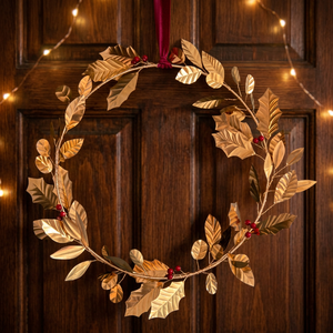 Corona de Hojas Doradas, Decoración Circular para Colgar en la Pared, Diseño Floral Botánico Moderno Navideño, Pieza Única - Product Image 5