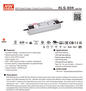 MEAN WELL HLG-80H-24B 81.6W <b>24V</b> 3.4A 3 In 1 Dimmable CV CC IP67 Waterproof <b>LED</b> <b>Driver</b> AC90‑305Vac - Product Image 2