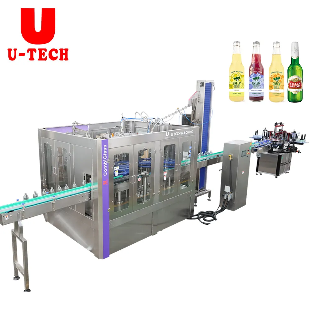 U TECH Máquina automática de enchimento e rotulagem de garrafas de vidro para refrigerantes e refrigerantes, tampa de alumínio para lavagem e enchimento