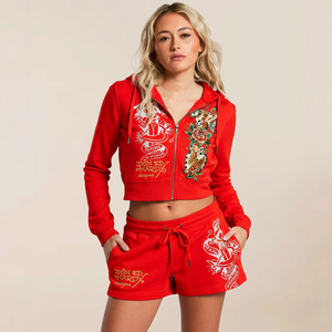 Ensemble 2 pièces pour femme 2026 Y2K : Sweat à capuche zippé et short imprimé tatouage – Style vintage streetwear - Product Image 2