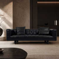 Canapé d'angle 3 places en similicuir noir capitonné, style Chesterfield moderne, minimaliste italien, rembourré en éponge