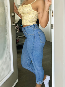 <span class=keywords><strong>Jean</strong></span> crayon bleu clair très extensible <span class=keywords><strong>pour</strong></span> <span class=keywords><strong>femme</strong></span>, <span class=keywords><strong>taille</strong></span> haute, coupe droite, longueur intégrale, en denim délavé, grandes tailles - Product Image 2