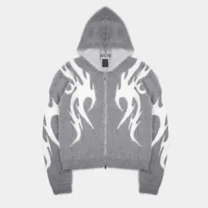 Individuelles Design Mohair Reißverschluss Hoodie Herren Winterstrick flauschiger Pullover Übergröße Strickwaren Pullover Jacquard Mohair Hoodie Jacket