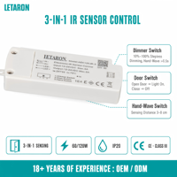 Interrupteur à capteur IR pour éclairage LED d'armoire et de placard, 12/24V, 60/120W, 3 modes, gradation progressive, commande par geste de la main