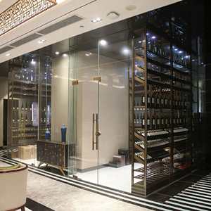 Cave à <span class=keywords><strong>vin</strong></span> moderne écologique en verre pour hall d'hôtel de luxe, étagère à <span class=keywords><strong>vin</strong></span> décorative en acier inoxydable doré de Foshan - Product Image 3