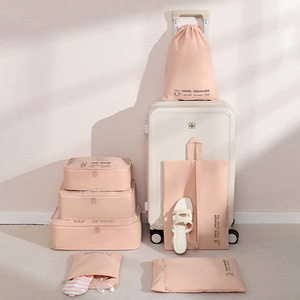Travel Organizer 7-Piece Set Pink Foldable <b>Storage</b> Bags For Trip Clothing Compartment - Product Image 1