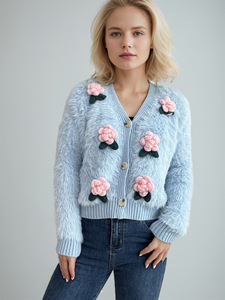 Knit <strong>Cardigan</strong> Women Fuzzy <strong>White</strong> 3D Crochet Rose V Neck Button Down Cropped Long Sleeve Soft Cozy Cute Fall Wholesale for <strong>Ladies</strong> - Product Image 1