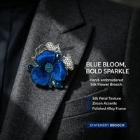 Bros Bunga Sutra Biru Buatan Tangan, Pin Kerah Berlapis Paduan Zirkon dengan Manik-Manik Agate, Perhiasan Etnik Buatan Tangan, Hadiah