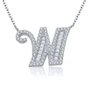 Fashion Jewelry Baguette Channel Setting 925 Sterling Silver Pendant Necklace CZ Letter W Necklace
