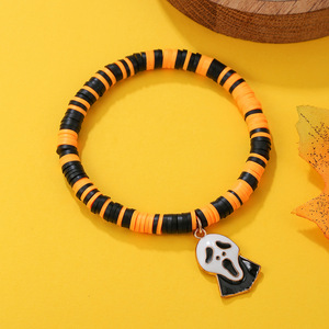 Halloween Cartoon Pendant <b>Bracelet</b> Zinc Alloy Unisex Gift Jewelry Orange Black Striped <b>Beaded</b> <b>Bracelet</b> With Pumpkin Skull Charm - Product Image 3