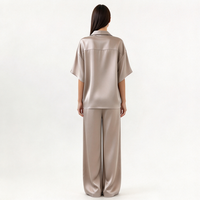 Set Piyama Satin Taupe Wanita Kemeja Kancing Lengan Pendek Celana Kaki Lebar Pakaian Tidur Mewah Dua Potong Pakaian Santai Setelan Malam Musim Panas