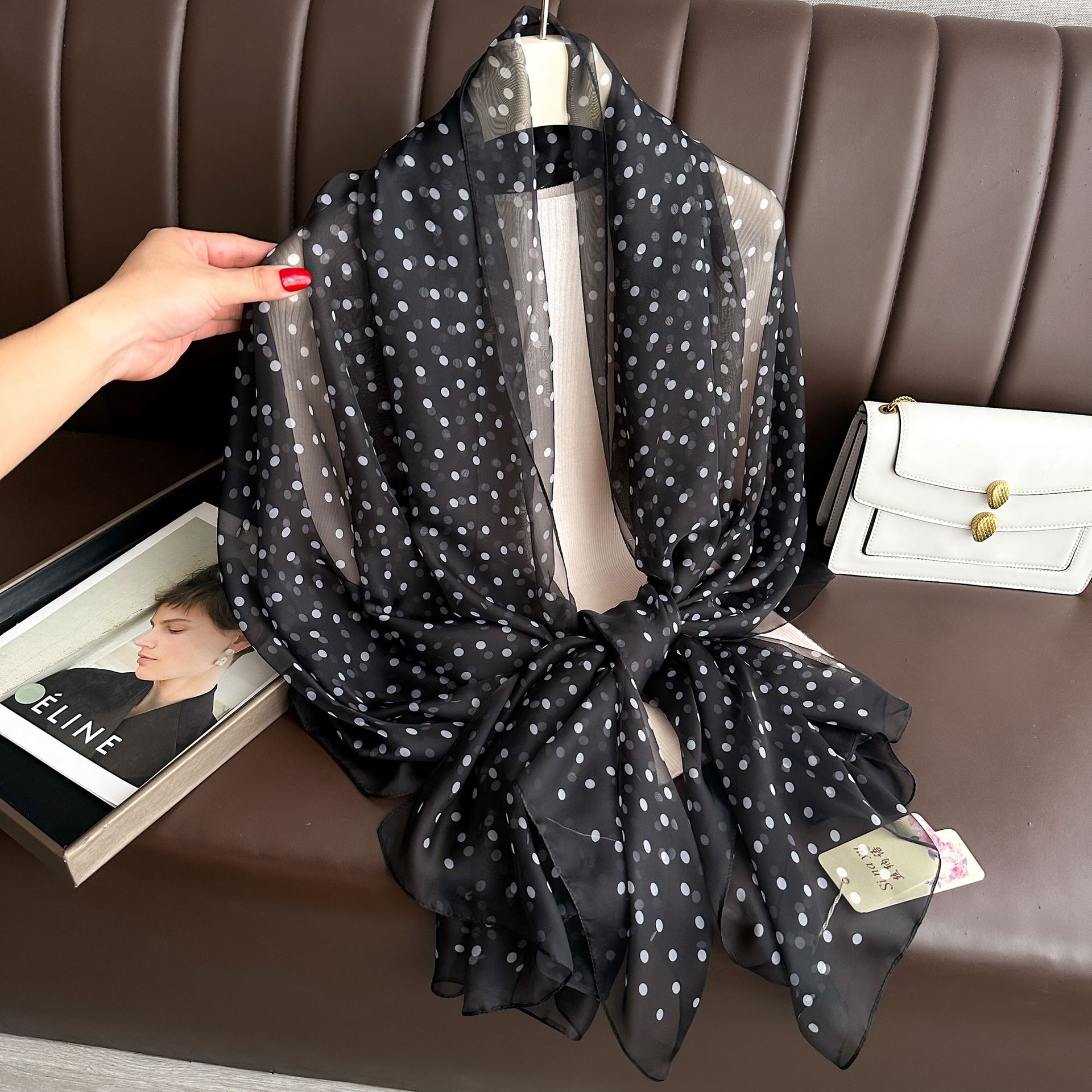 White Scarf Hijab Black Dot - Elegant Fashion Statement