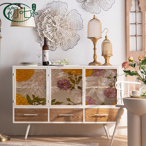 Chuqi Living Room <b>Cabinet</b> 3-Door <b>White</b> Floral Glass Door <b>Storage</b> Furniture - Product Image 5