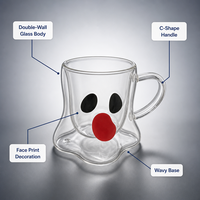 Taza de Vidrio de Doble Pared Aislada de 440 ml con Asa en Forma de C, Diseño de Cara Impresa, Base Ondulada, para Café, Té, Regalo de Halloween, con Diseño de Fantasma