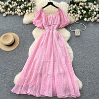 Robes longues élégantes d'été à col carré, manches bouffantes, taille smockée, à pois, avec fleurs 3D