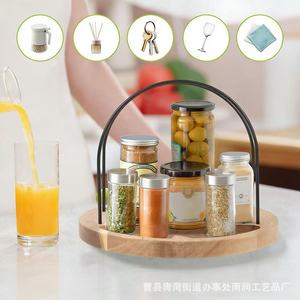 Wooden <b>Rotating</b> Condiment <b>Rack</b> With <b>Spice</b> Jars And Oil Bottles Kitchen Storage Lazy Susan Organizer - Product Image 2