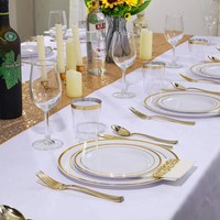 Vaisselle jetable de luxe personnalisée, bordures dorées et argentées réutilisables, assiettes en plastique pour les mariages, les événements de restauration