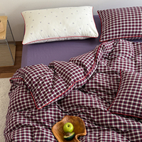 Parure de lit 100% coton lavé, motif écossais rouge bordeaux rétro, housse de couette avec passepoil, drap-housse doux et respirant + taies d'oreiller, 4 pièces