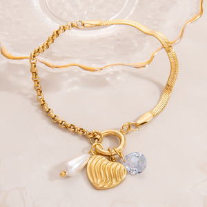 Pulsera de Perlas de Acero Inoxidable con Colgante de Circonia Cúbica en Forma de Corazón, Chapado en Oro de 18K, Joyería de Regalo - Product Image 2
