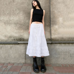 Jupe longue style français à volants pour femme, taille basse, coupe trapèze ample, amincissante, décontractée - Product Image 1