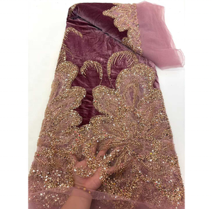 Tela de Encaje de <span class=keywords><strong>Terciopelo</strong></span> de Alta Calidad con Bordado Floral de Lujo, con Cuentas y Lentejuelas, Color Rosa, para Fiestas Nocturnas, para Mujeres Nigerianas - Product Image 6
