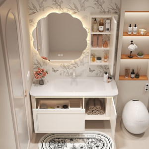 Cream-Toned French-Style Ceramic Vanity with Integrated Sink Lace-Edged <b>Mirror</b> Oak Finish—A Light Luxury Bathroom Cabinet - Product Image 4