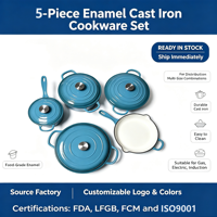 Ensemble de 5 pièces de batterie de cuisine en fonte émaillée, casseroles et faitouts classiques, poêles antiadhésives, avec logo personnalisé, conformes FDA