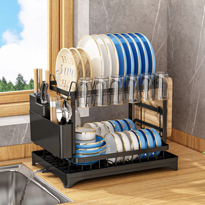 Égouttoir à vaisselle à 2 niveaux pour comptoir de cuisine avec plateau de drainage et porte-ustensiles, en acier au carbone - Product Image 1