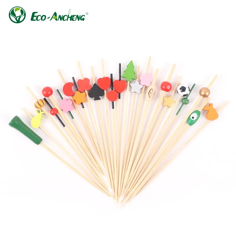 Brochette en bâton de bambou jetable décoration pics de perles de bambou colorées avec perles en plastique et en bois